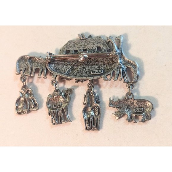 Vintage Noah's Ark Bible Christianity Brooch Pin Silver Tone Metal Signed JJ - Picture 6 of 6